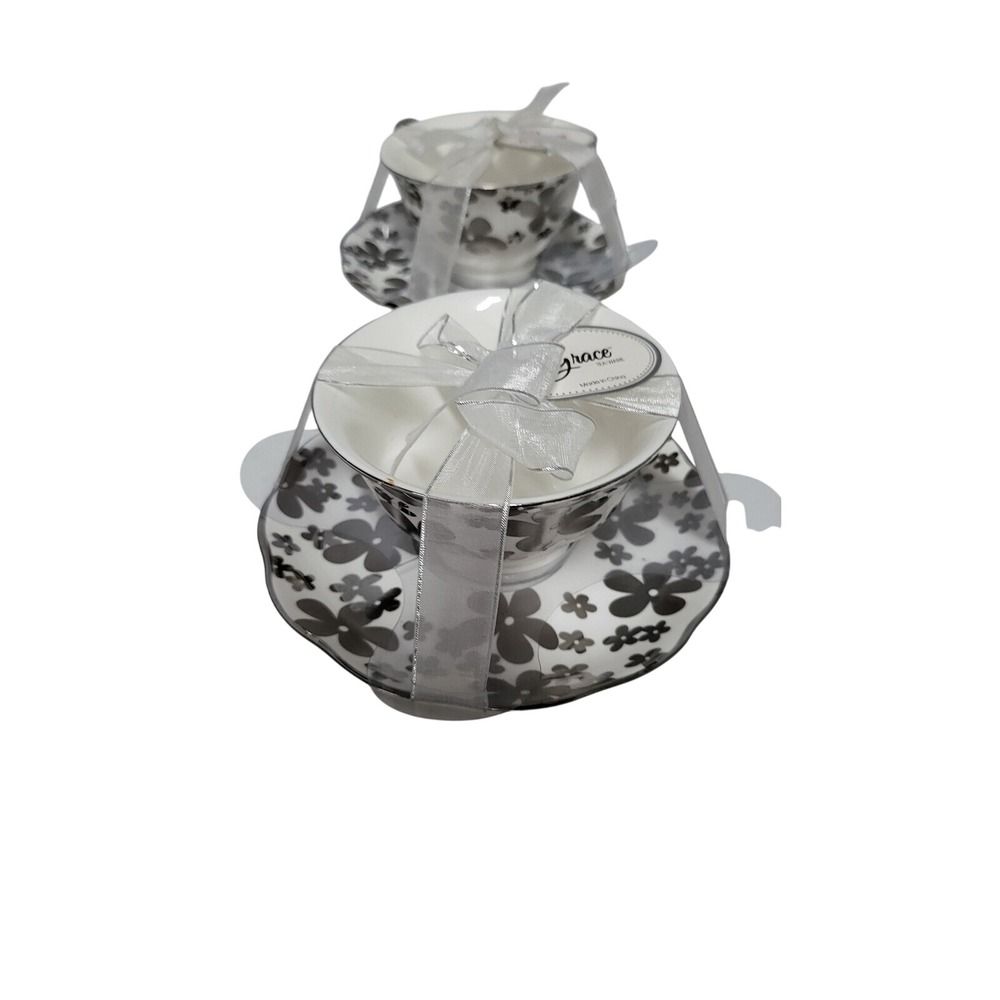 Grace silver  and White Floral Teacup Set - Picture 5 of 6
